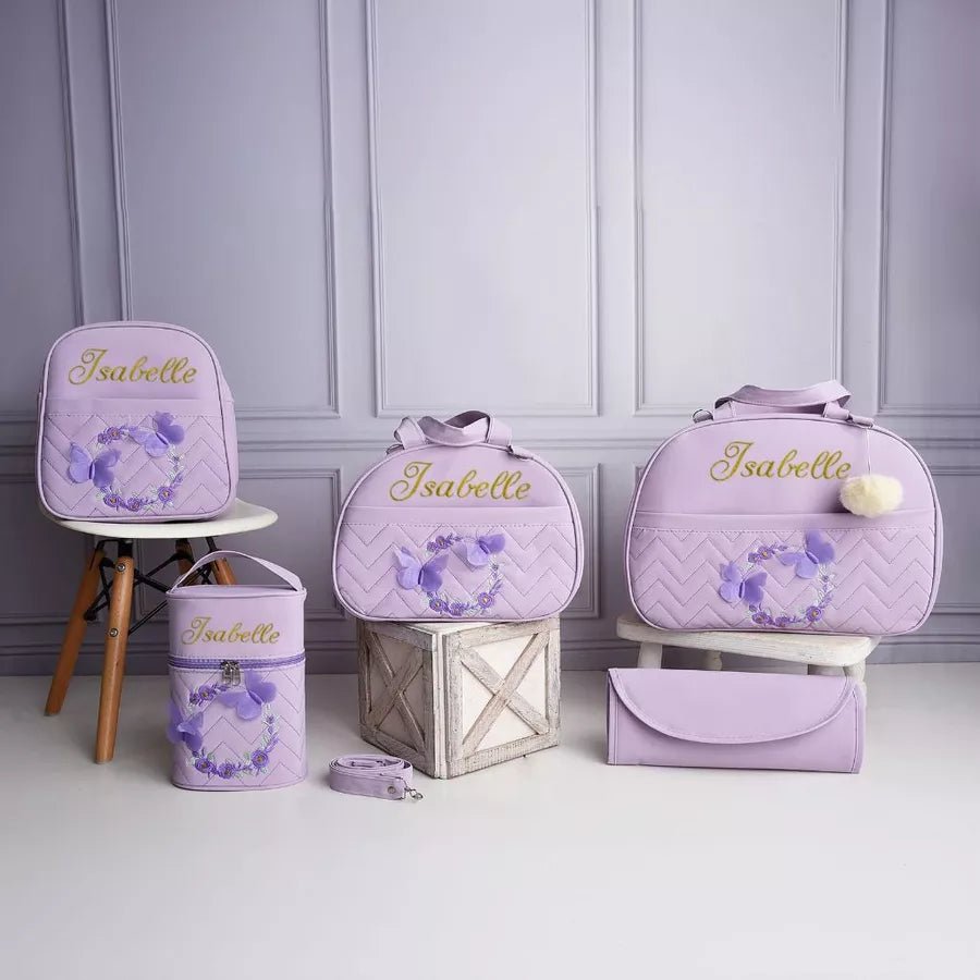 Kit bolsa maternidade borboleta para menina 5 peças (personalizado) - Hara Bela
