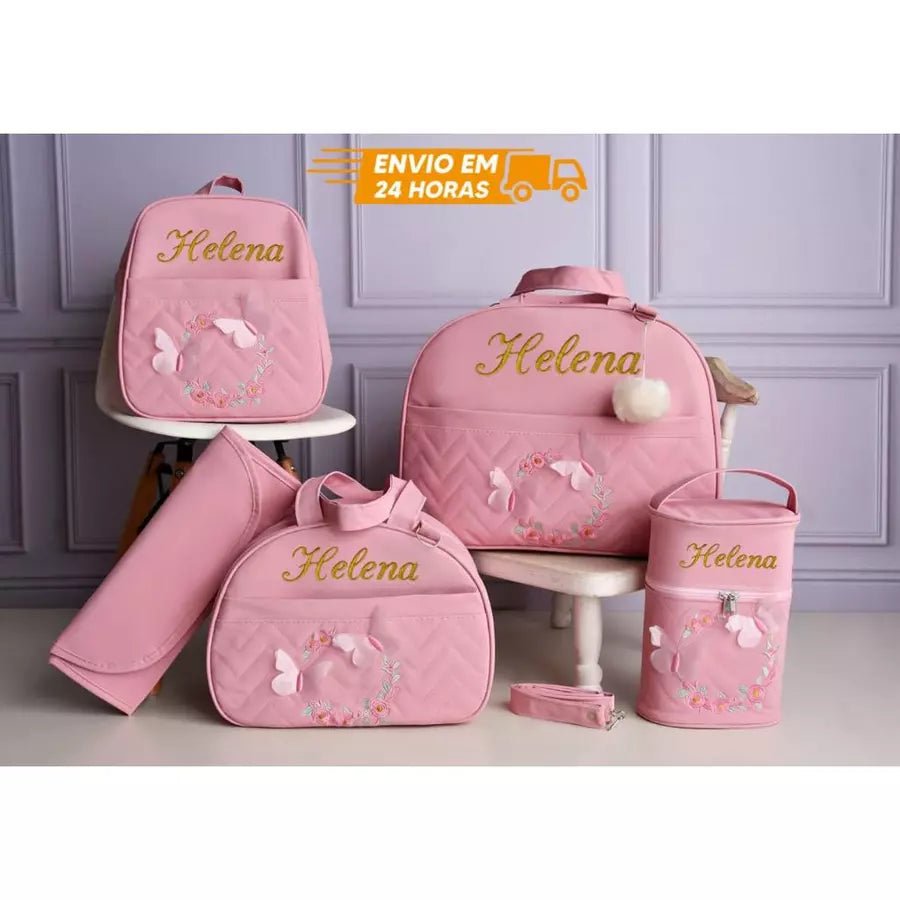 Kit bolsa maternidade borboleta para menina 5 peças (personalizado) - Hara Bela