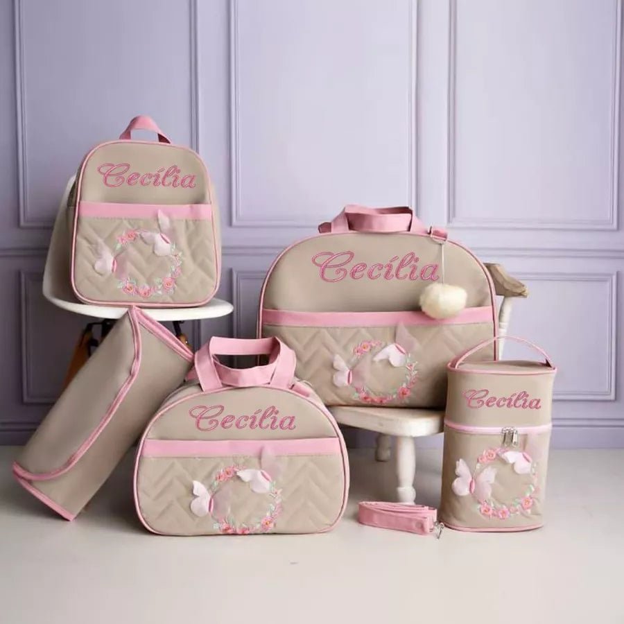 Kit bolsa maternidade borboleta para menina 5 peças (personalizado) - Hara Bela