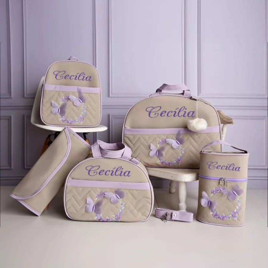 Kit bolsa maternidade borboleta para menina 5 peças (personalizado) - Hara Bela